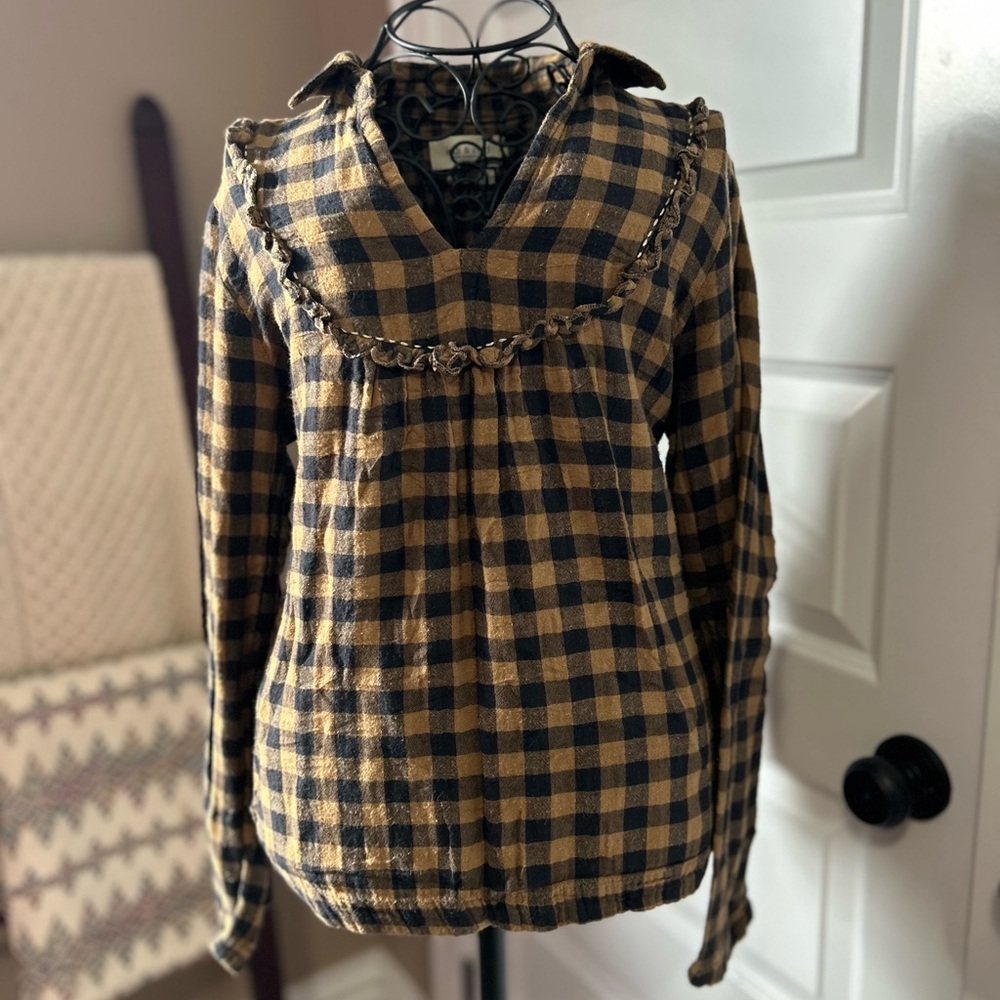 indi & cold gingham plaid ruffle pull over long sleeve blouse